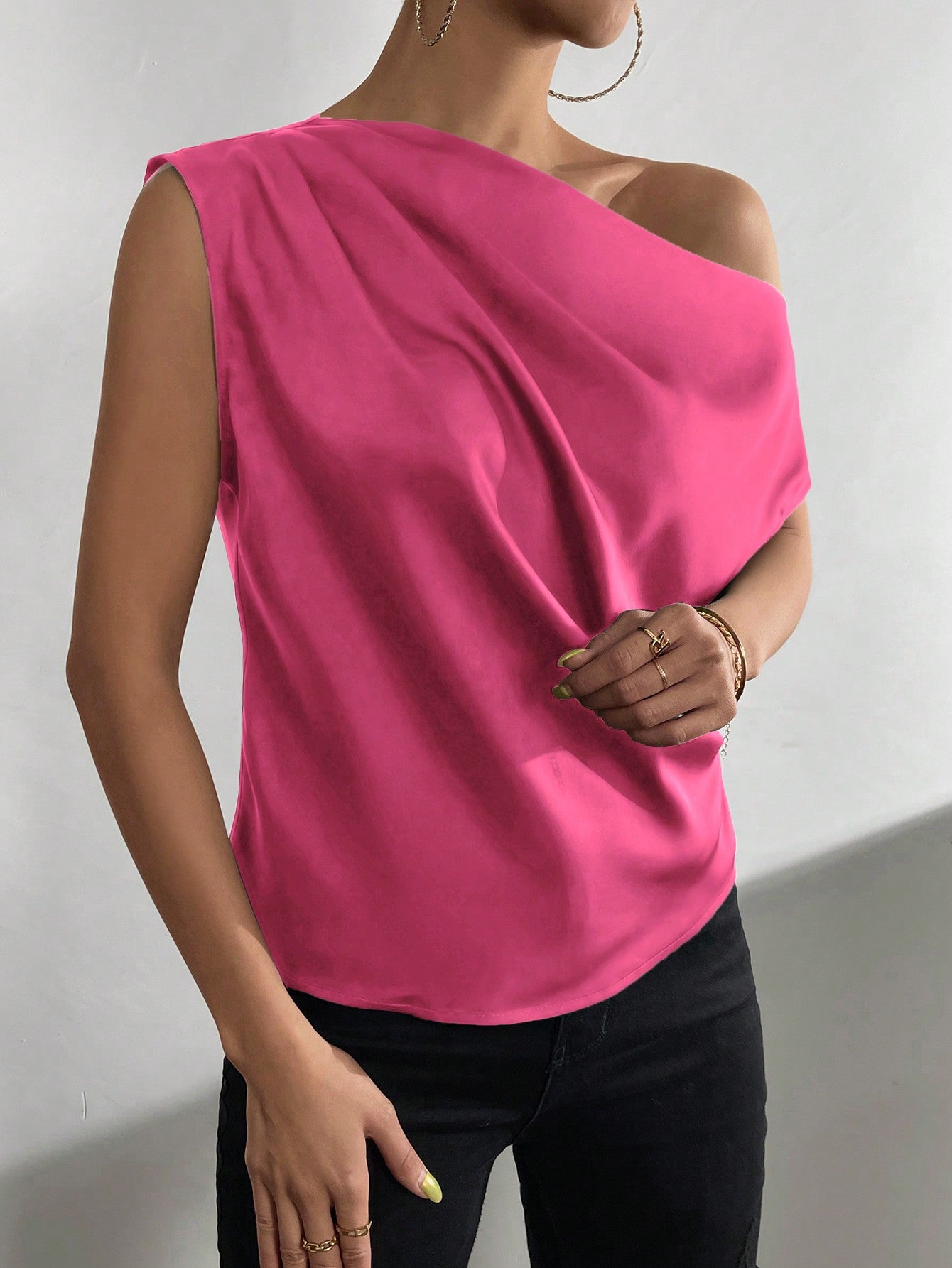 Asymmetrical Neck Ruched Blouse One Shoulder Top