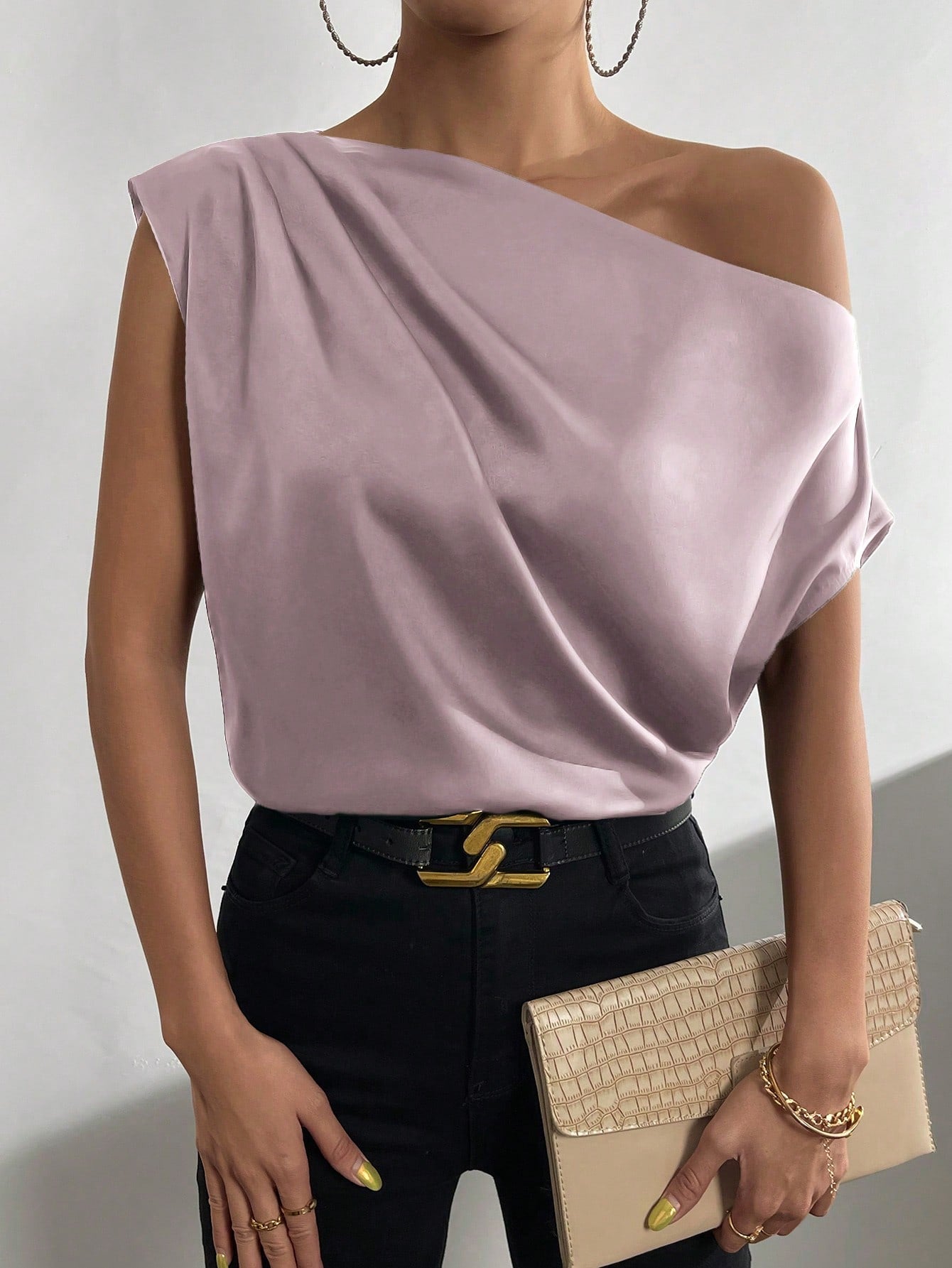 Asymmetrical Neck Ruched Blouse One Shoulder Top