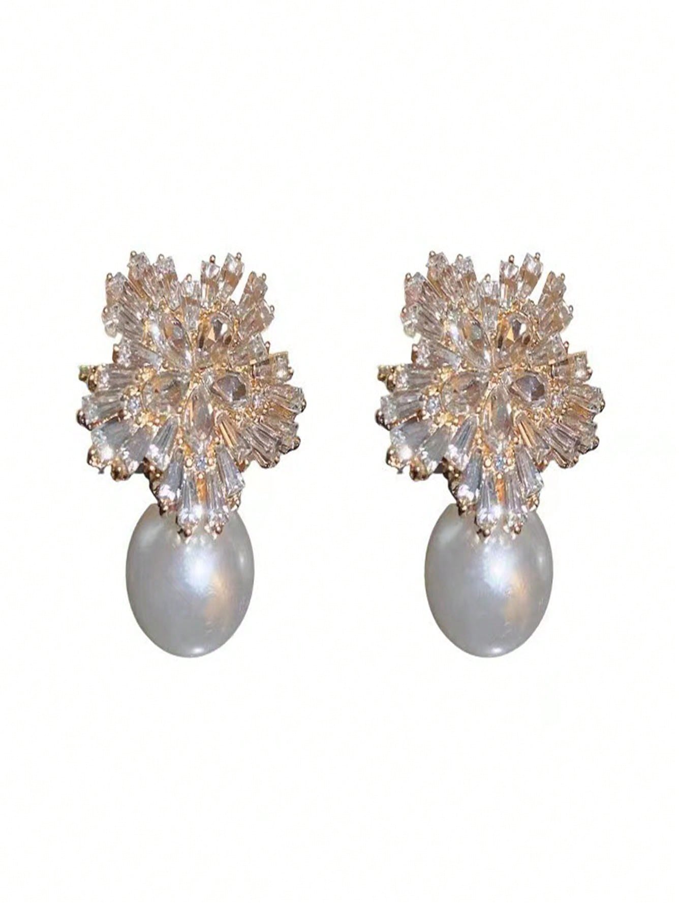 Gold Super Flash Light Luxury Diamond Flower Pearl Earrings