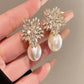 Gold Super Flash Light Luxury Diamond Flower Pearl Earrings