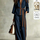 Patchwork Design Stand Collar V-Neck Waist-Cinching Belt Tie Loose Straight Leg Pants Set