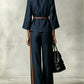 Patchwork Design Stand Collar V-Neck Waist-Cinching Belt Tie Loose Straight Leg Pants Set
