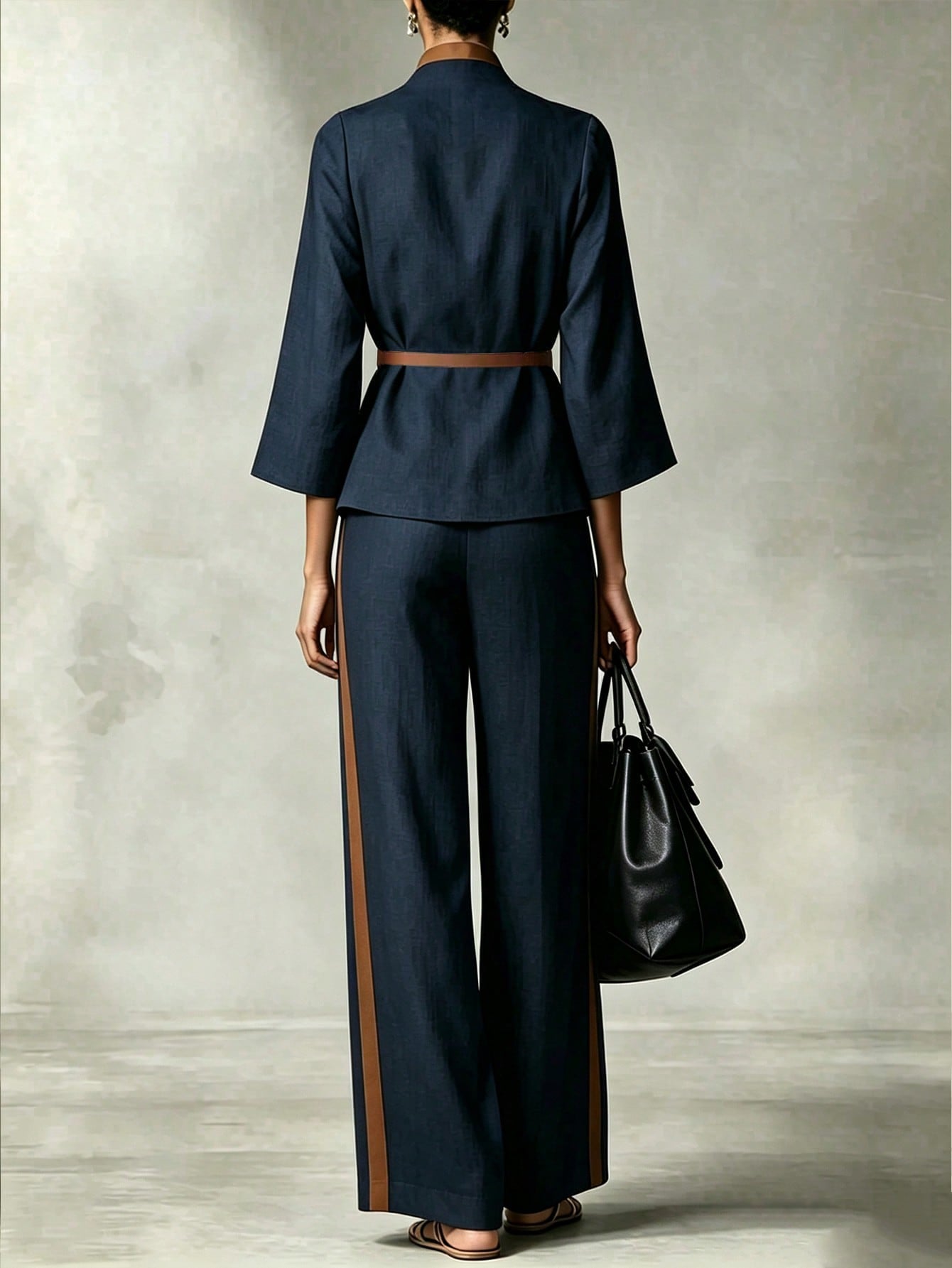 Patchwork Design Stand Collar V-Neck Waist-Cinching Belt Tie Loose Straight Leg Pants Set