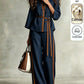 Patchwork Design Stand Collar V-Neck Waist-Cinching Belt Tie Loose Straight Leg Pants Set
