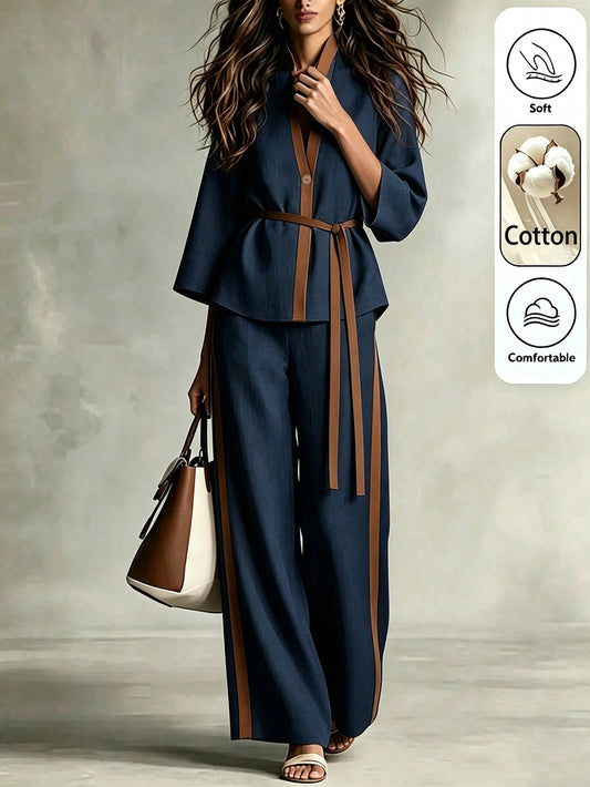 Patchwork Design Stand Collar V-Neck Waist-Cinching Belt Tie Loose Straight Leg Pants Set