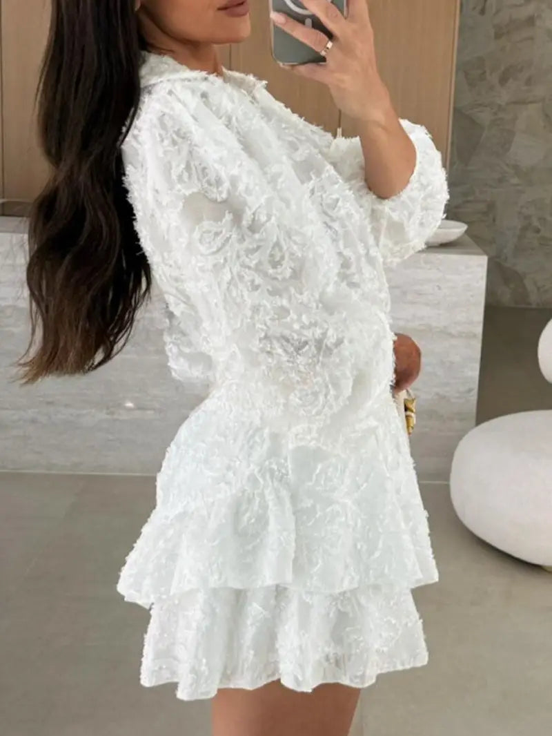 Long-Sleeve Open Collar Shirt with Drawstring Waistband and Ruffle Hem Shorts Set