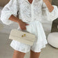 Long-Sleeve Open Collar Shirt with Drawstring Waistband and Ruffle Hem Shorts Set