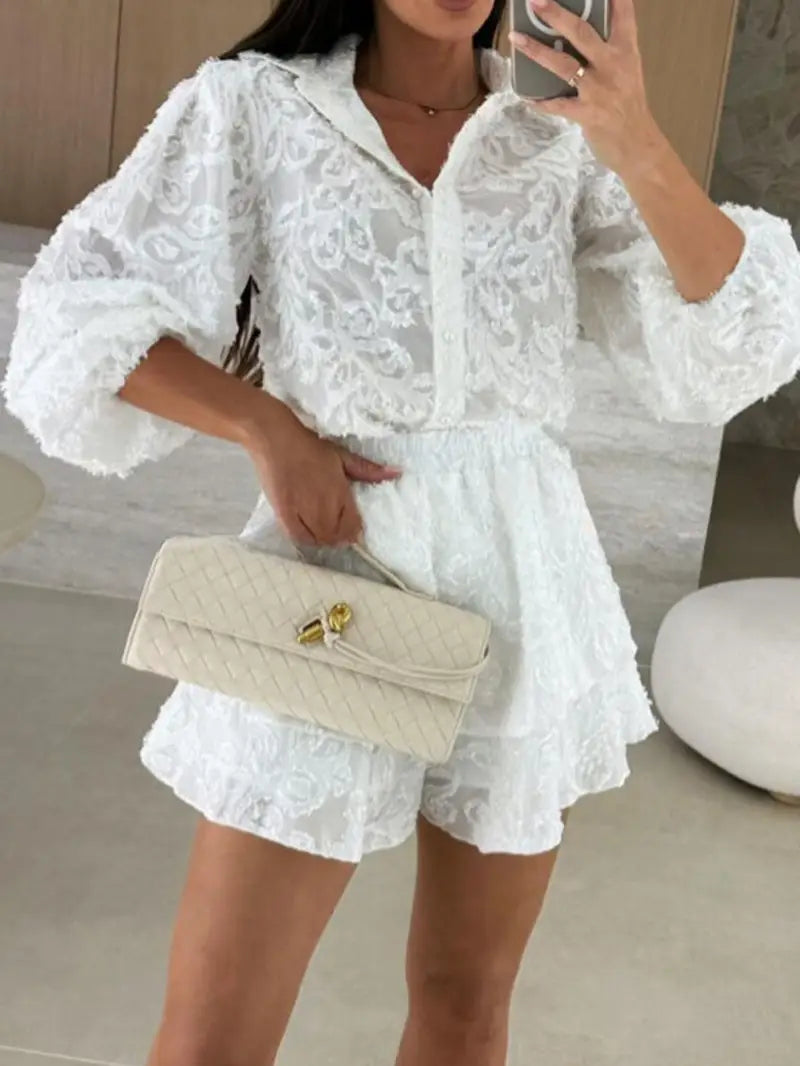 Long-Sleeve Open Collar Shirt with Drawstring Waistband and Ruffle Hem Shorts Set