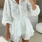 Long-Sleeve Open Collar Shirt with Drawstring Waistband and Ruffle Hem Shorts Set
