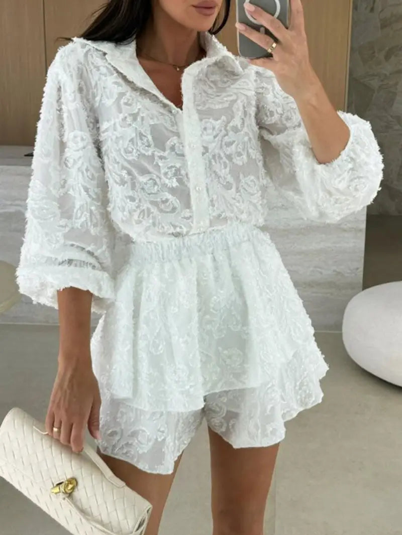 Long-Sleeve Open Collar Shirt with Drawstring Waistband and Ruffle Hem Shorts Set