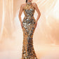 Gold Sequin Backless Maxi Evening Dress With Halter Neck  Elegant Evening Dress