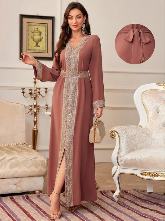 Long Sequin Splicing Slit Modest Long Sleeve Dress