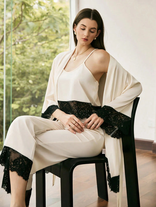 Elegant 3pc Lace Patchwork Cami Top & Pants & Coat Pajama Sets