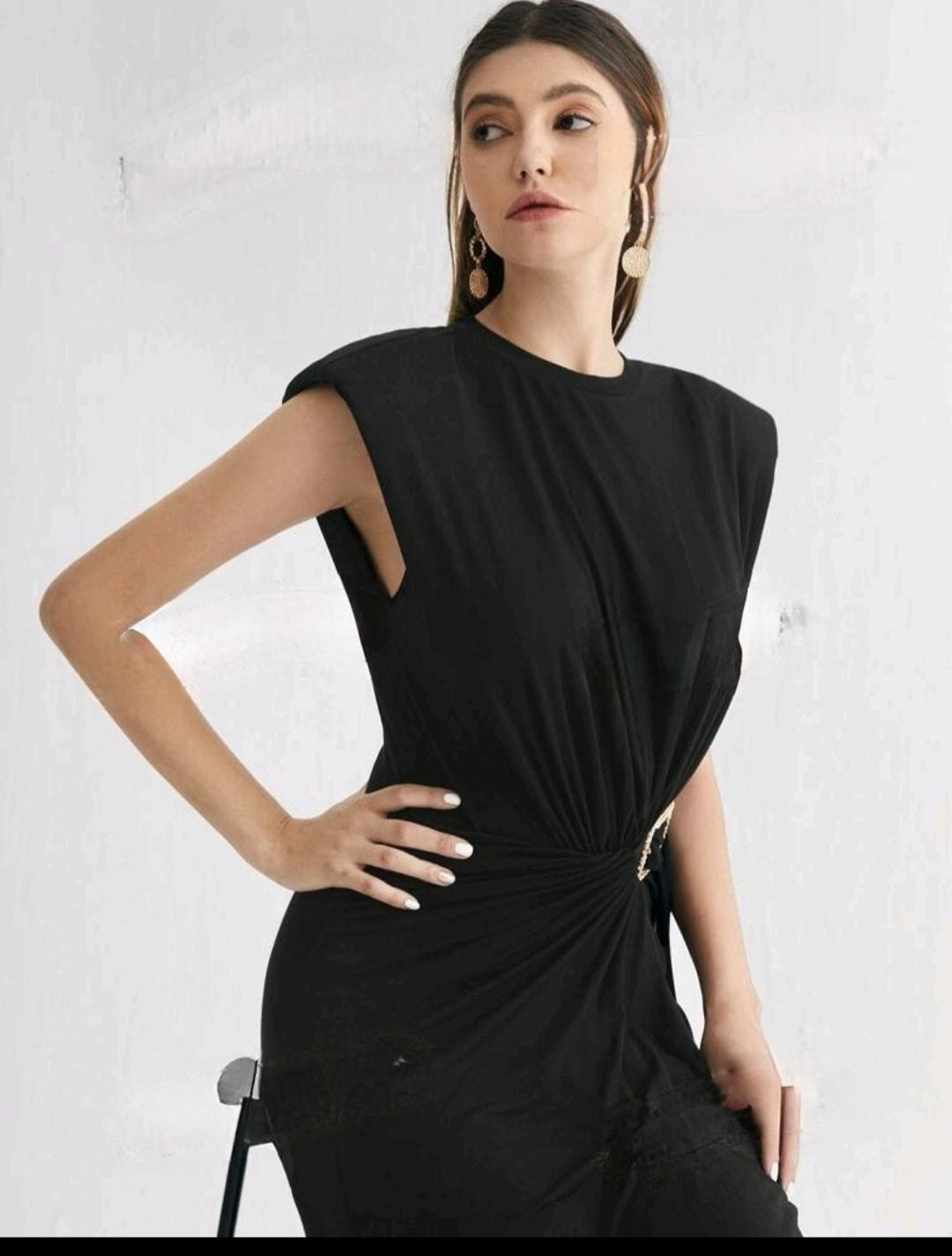 Padded Shoulder Buckle Tie Waist Asymmetrical Hem Dress