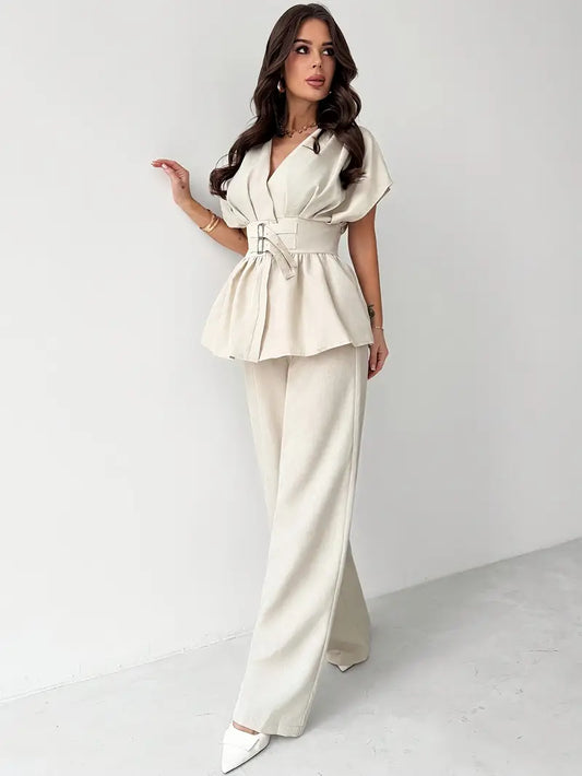 V-Neck Cardigan with Belt & High-Waisted Straight-Leg Flare Pants Set