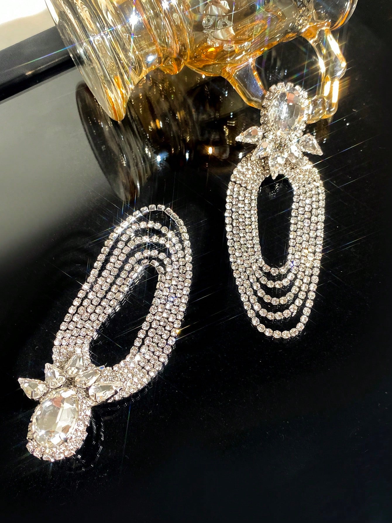 Diamond Inlaid Water Drop Shaped Tassel Earrings