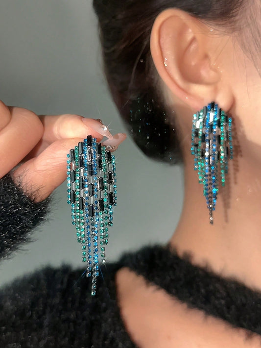 Drop Shaped Diamond Inlaid Tassel Earrings