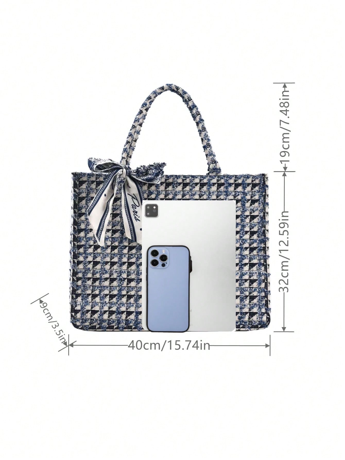 Bow Decor  Classic Tweed Plaid Tote Bag