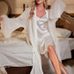 Fuzzy Trim Belted Satin Robe & Cami Lingerie Pajama Set