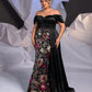 Plus Size Black Stretch Satin Spliced Floral Sequined Off Shoulder Evening Dress