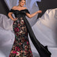 Plus Size Black Stretch Satin Spliced Floral Sequined Off Shoulder Evening Dress
