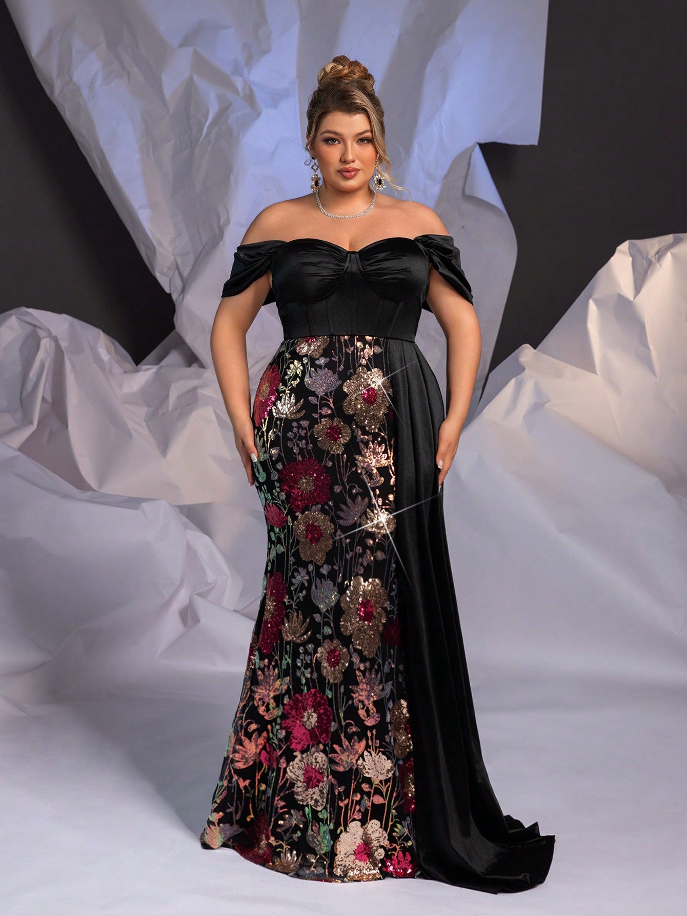 Plus Size Black Stretch Satin Spliced Floral Sequined Off Shoulder Evening Dress