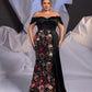 Plus Size Black Stretch Satin Spliced Floral Sequined Off Shoulder Evening Dress