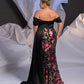 Plus Size Black Stretch Satin Spliced Floral Sequined Off Shoulder Evening Dress