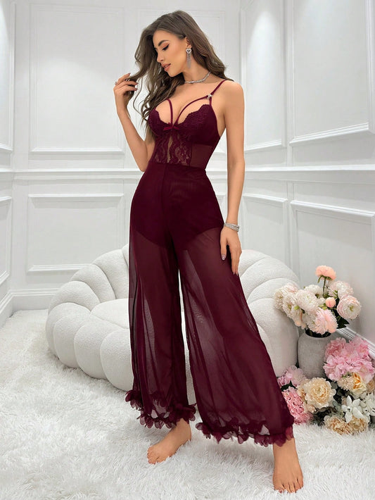 Lace Detailing Hollow Out Mesh Cami Jumpsuit Lingerie