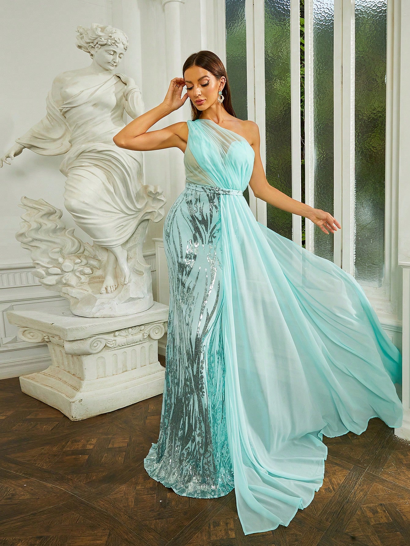 One Shoulder Contrast Sequin Mesh Panel Formal Evening Dress