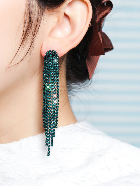 Rhinestone Teal Tassel Drop Earrings