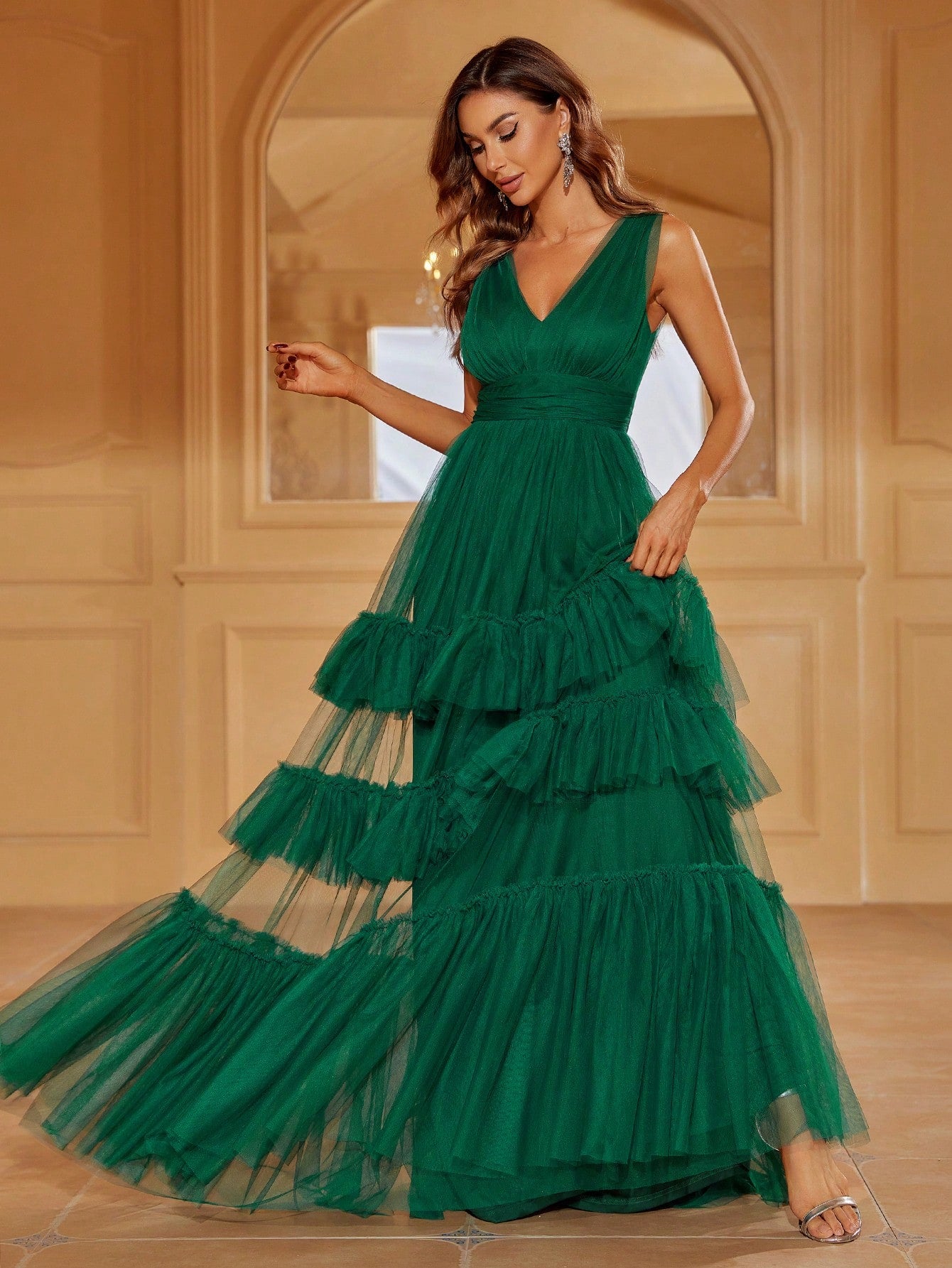 Ruffle Hem Mesh Maxi  Dress
