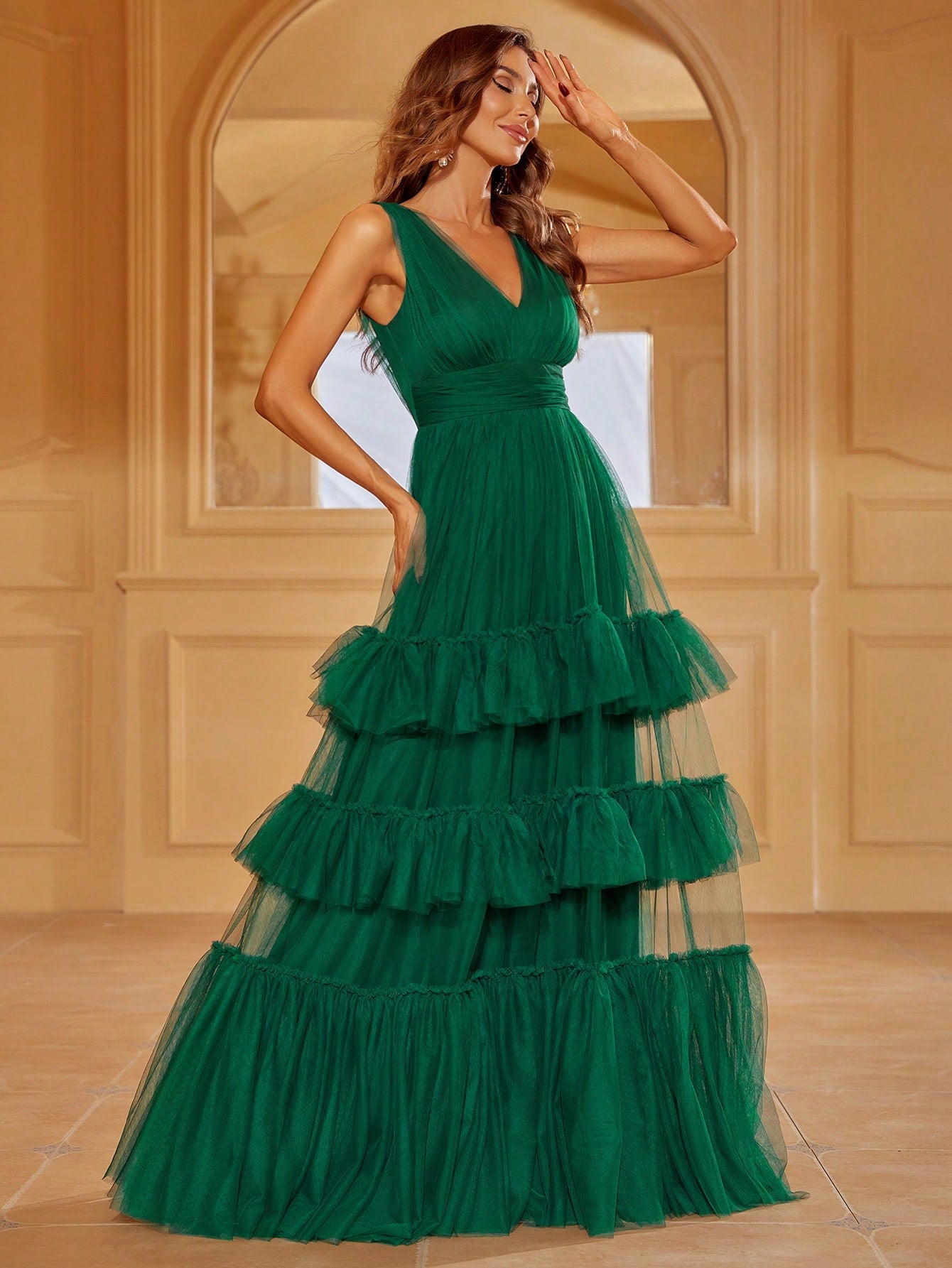 Ruffle Hem Mesh Maxi  Dress