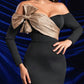 Elegant Black Off-Shoulder Sweetheart Neckline Long Sleeve Colorblock Mesh Bow Design Splicing High Waist Slim Fishtail Floor-Length Evening Dress