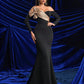 Elegant Black Off-Shoulder Sweetheart Neckline Long Sleeve Colorblock Mesh Bow Design Splicing High Waist Slim Fishtail Floor-Length Evening Dress