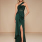 One Shoulder Mesh Insert Split Thigh Satin Bridesmaid Dress