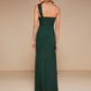 One Shoulder Mesh Insert Split Thigh Satin Bridesmaid Dress