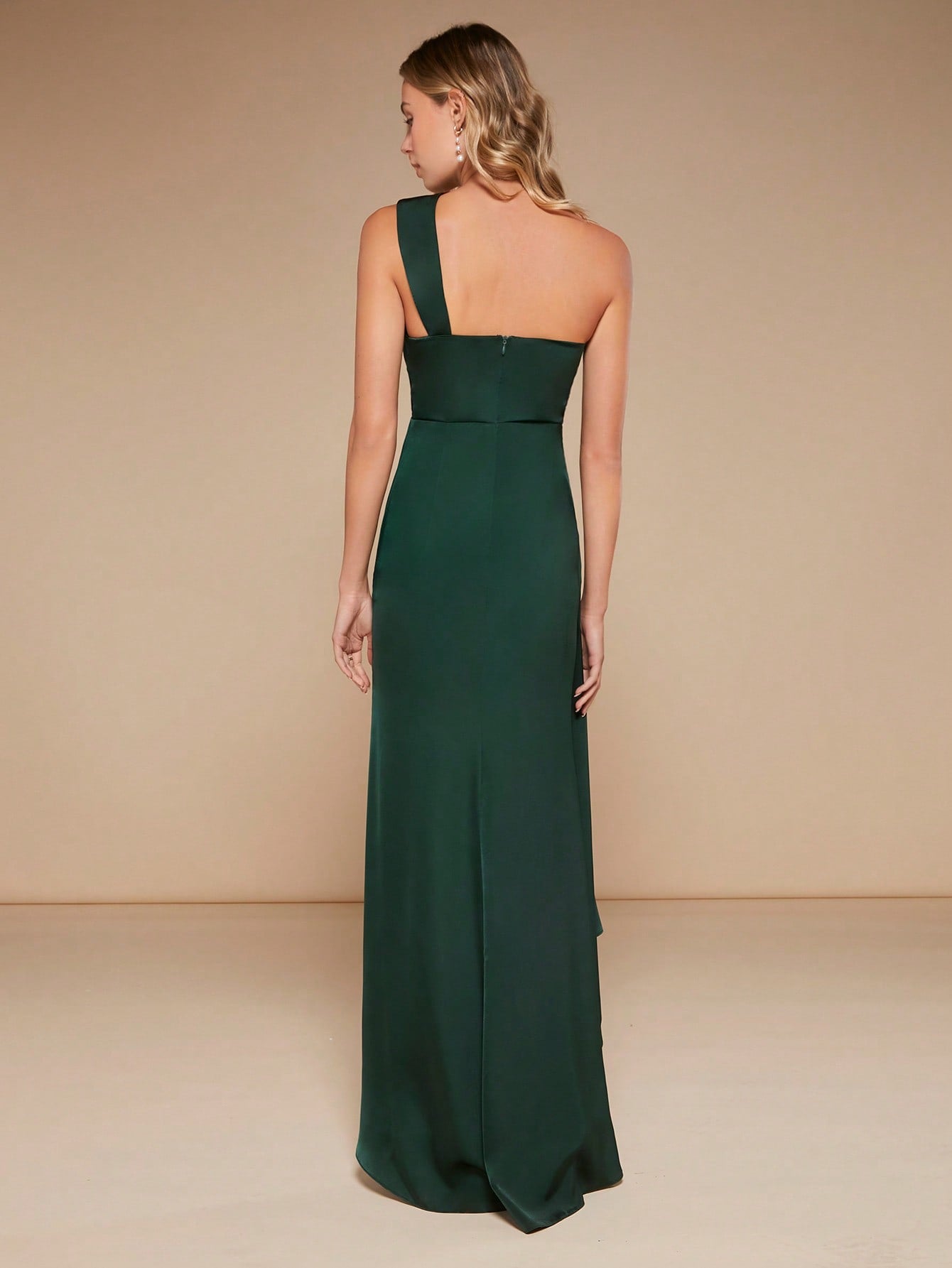 One Shoulder Mesh Insert Split Thigh Satin Bridesmaid Dress