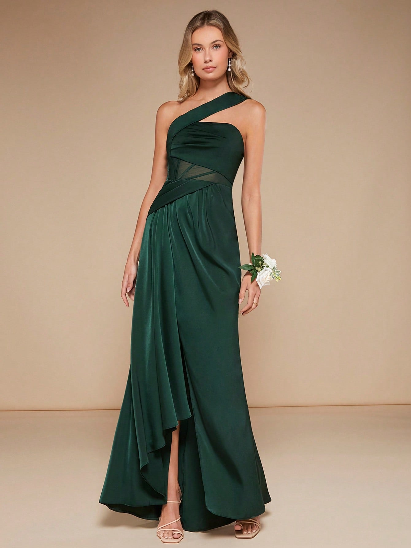 One Shoulder Mesh Insert Split Thigh Satin Bridesmaid Dress