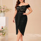 Plus Off Shoulder Lace Bodice Ruched Draped Front Dress