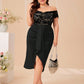 Plus Off Shoulder Lace Bodice Ruched Draped Front Dress