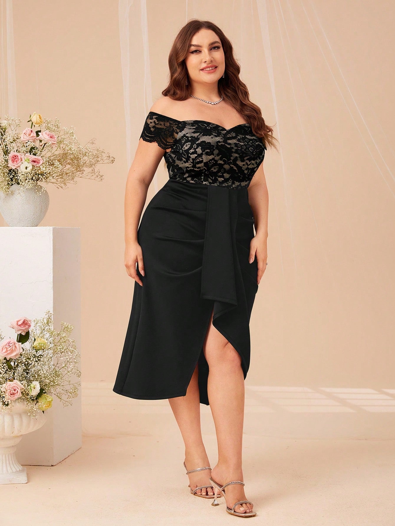 Plus Off Shoulder Lace Bodice Ruched Draped Front Dress