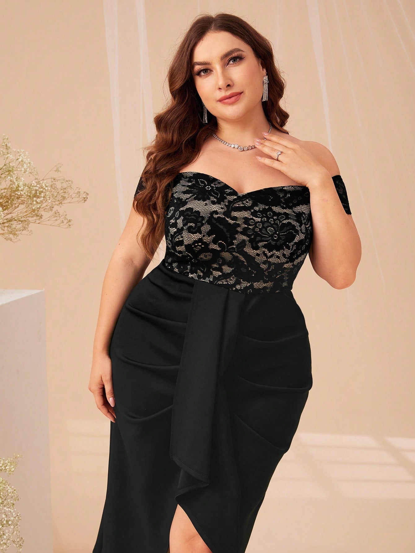 Plus Off Shoulder Lace Bodice Ruched Draped Front Dress