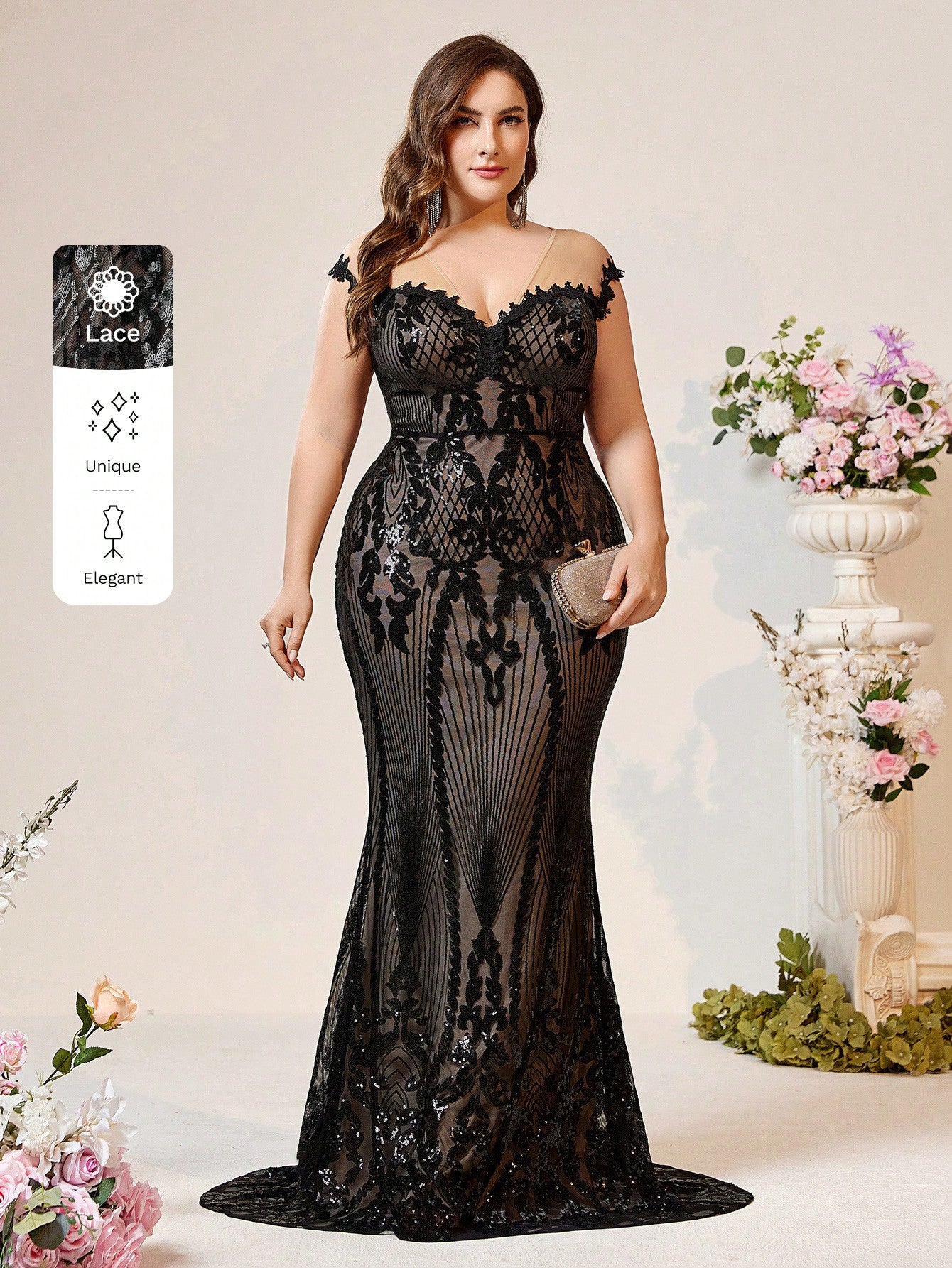 Plus Size Black Lace Sheer Sequin Fabric Mermaid Evening Dress