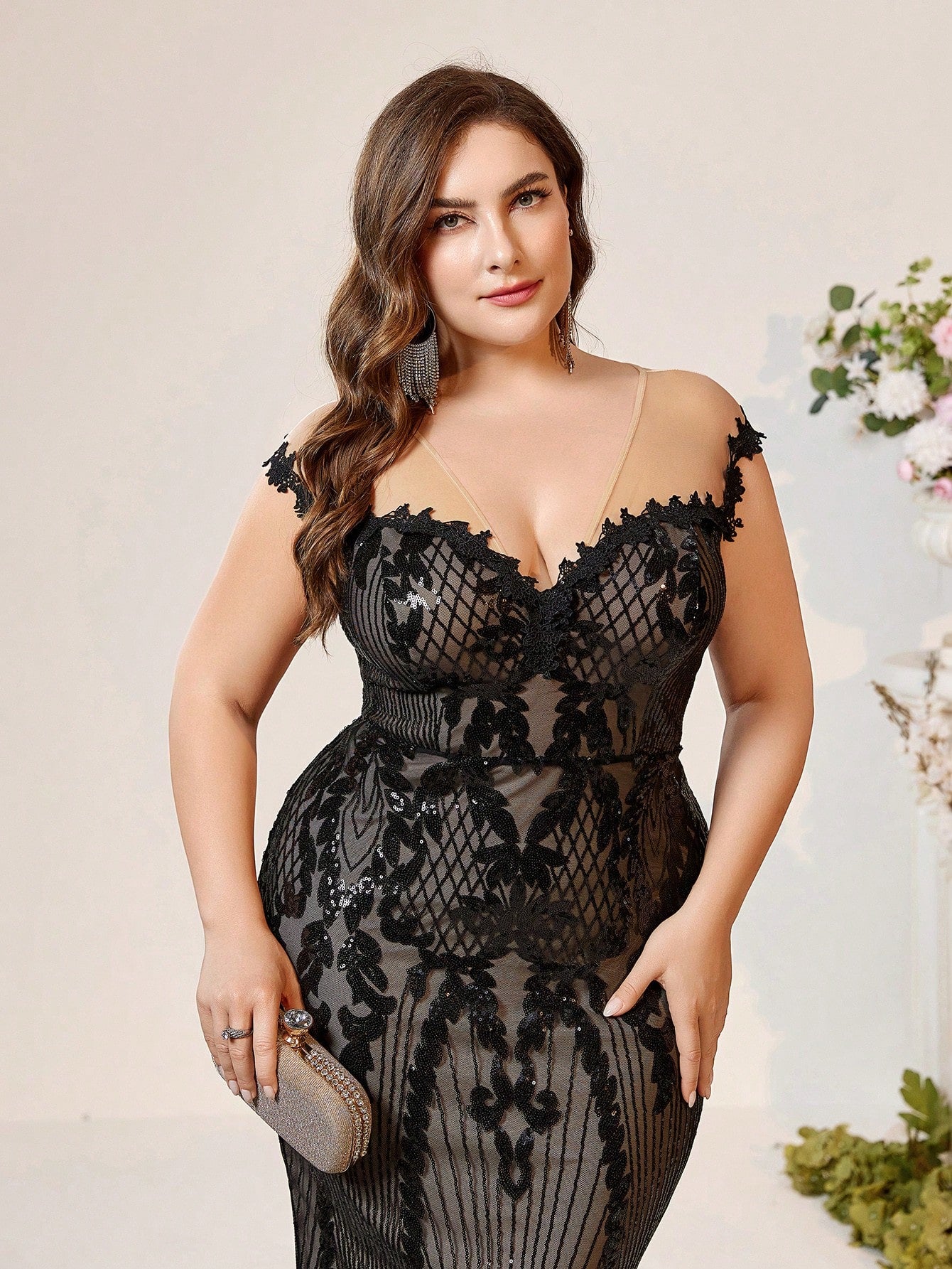 Plus Size Black Lace Sheer Sequin Fabric Mermaid Evening Dress