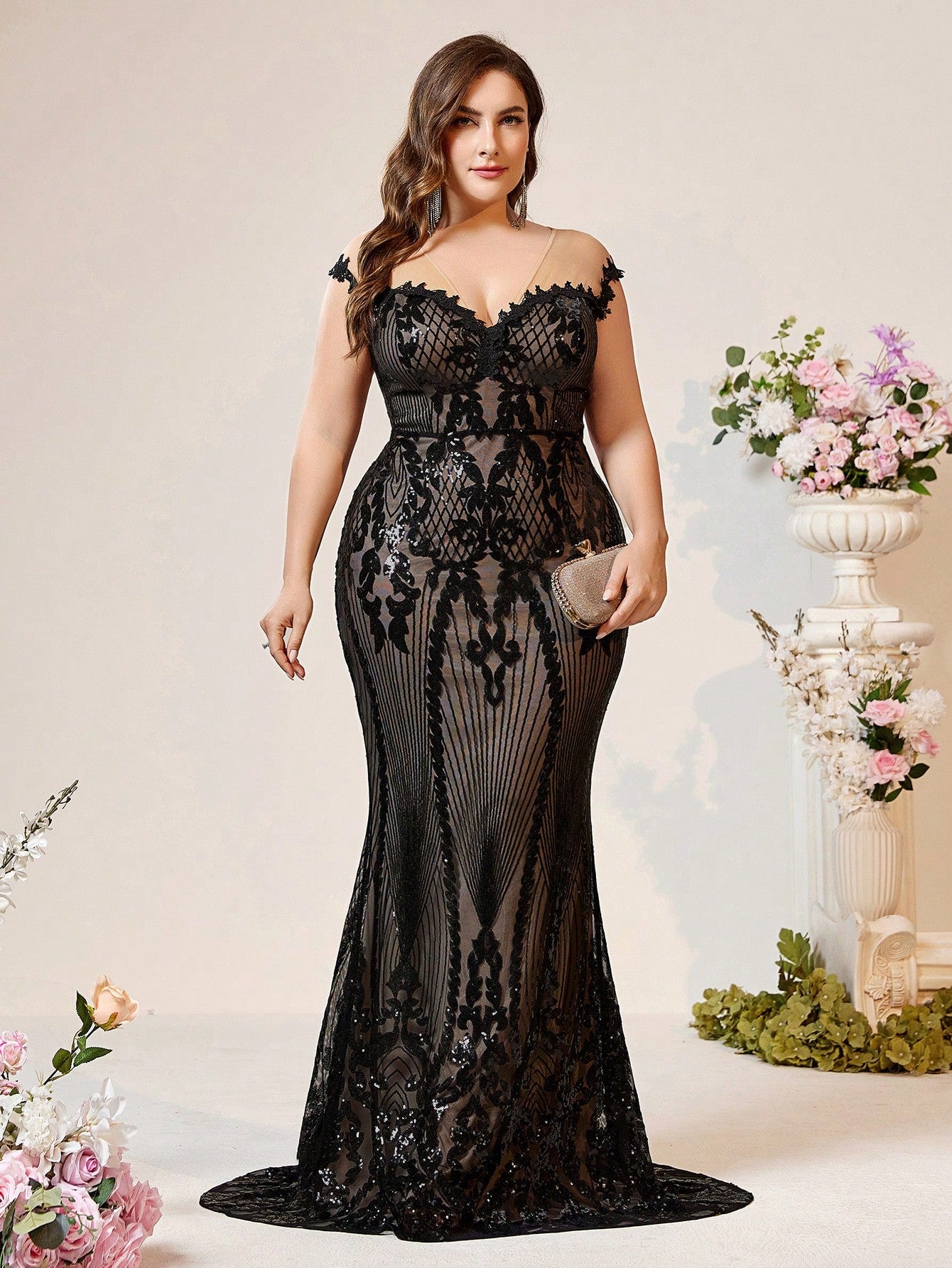 Plus Size Black Lace Sheer Sequin Fabric Mermaid Evening Dress