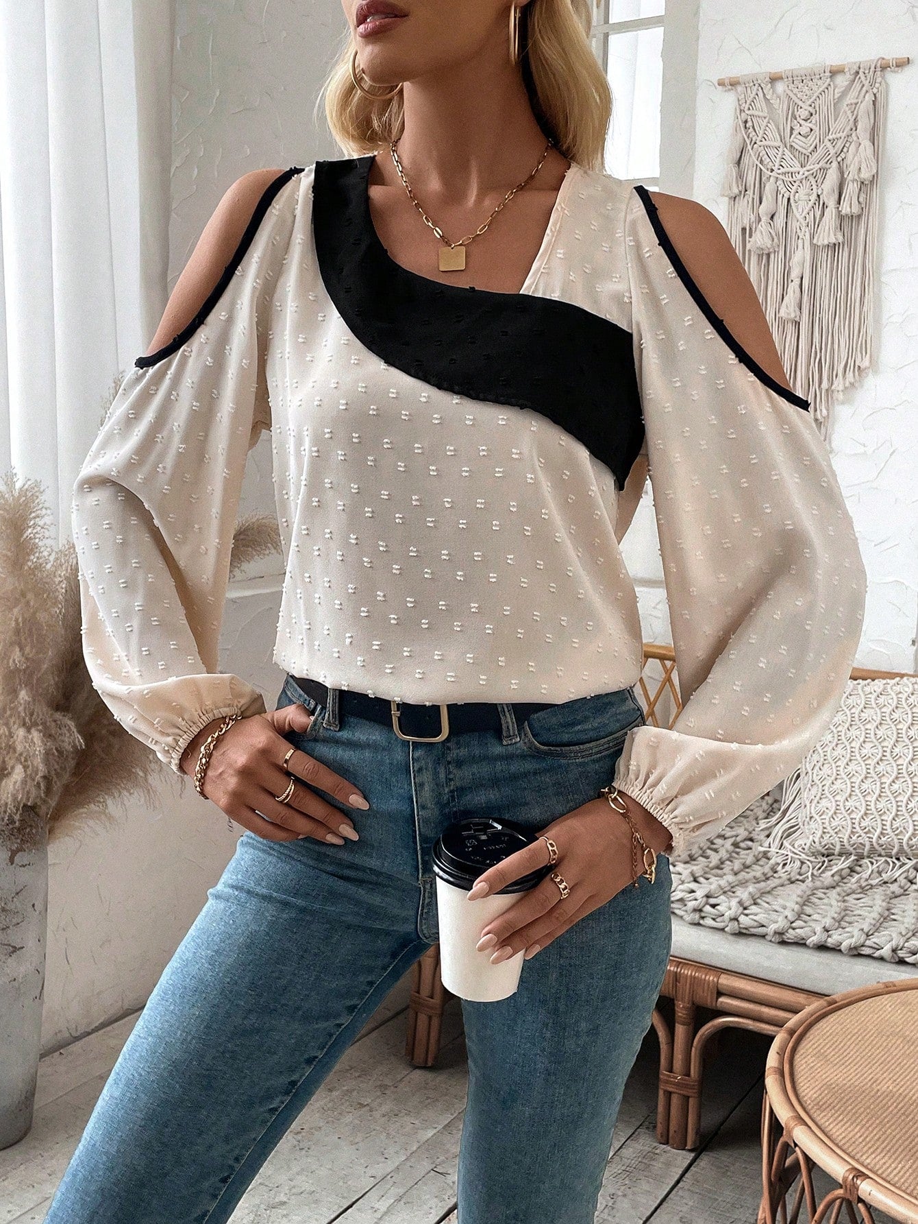 Color Block Swiss Polka Dot Cold-shoulder Blouse