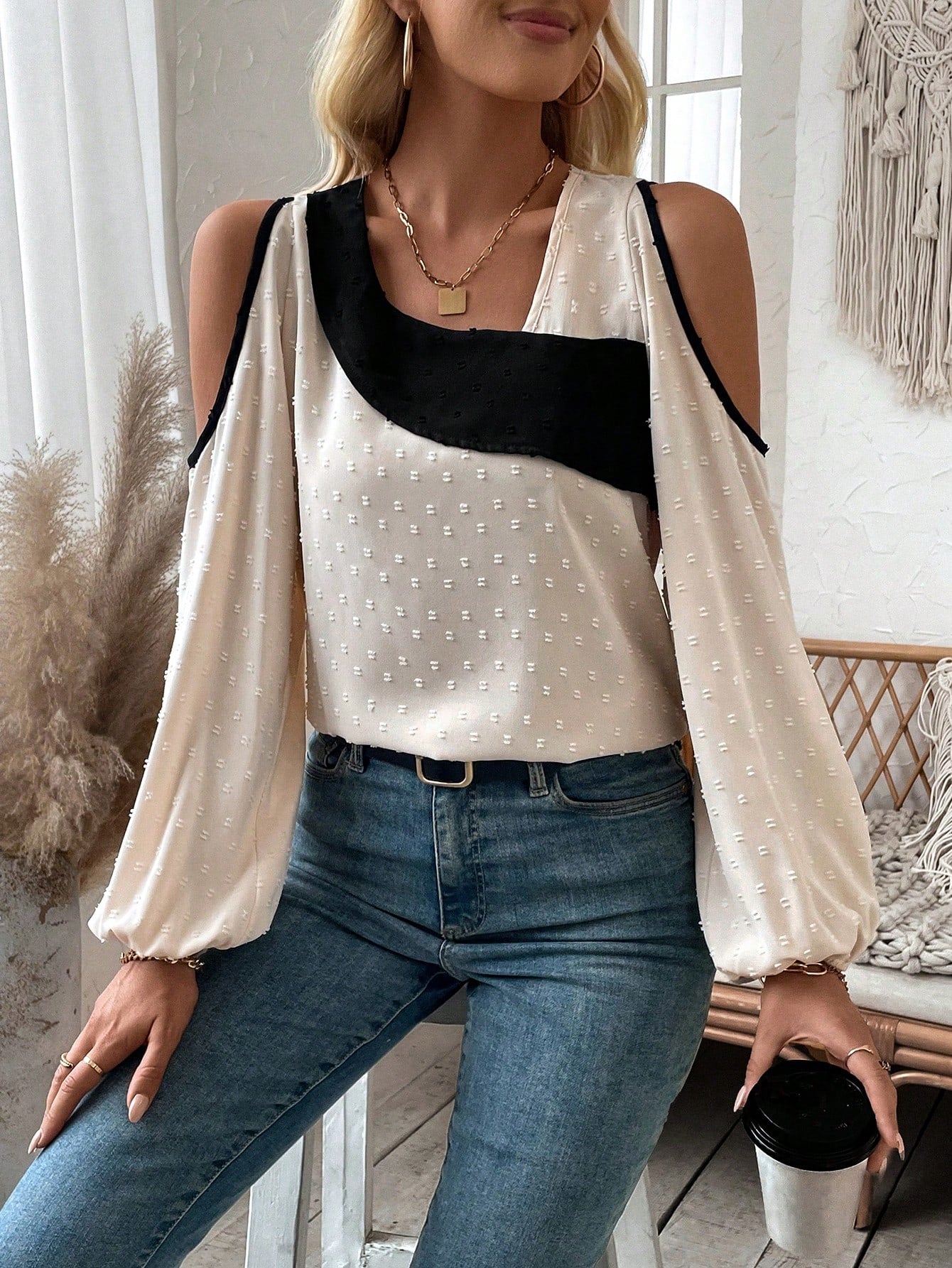 Color Block Swiss Polka Dot Cold-shoulder Blouse
