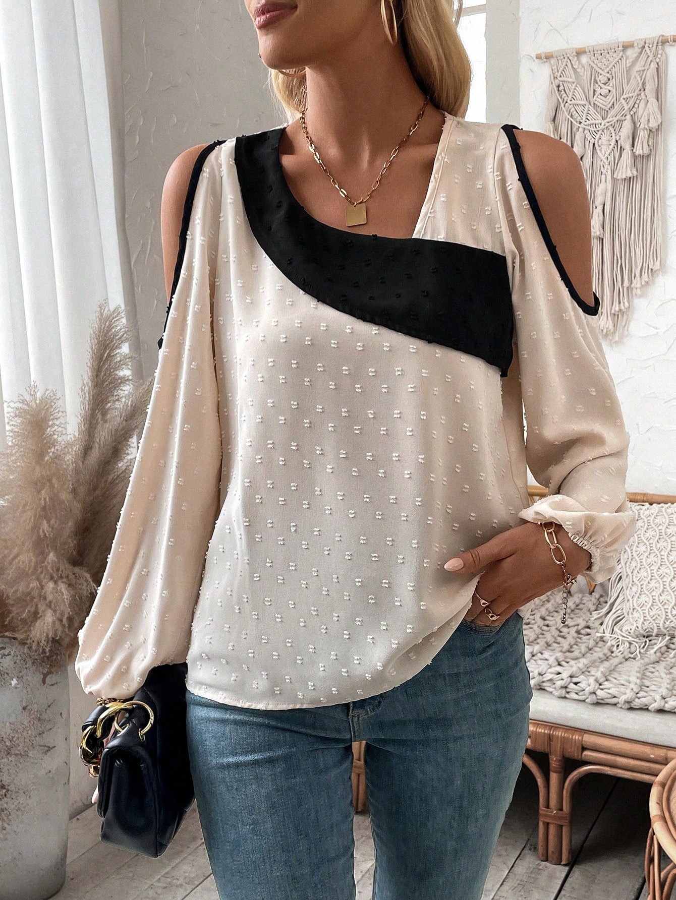 Color Block Swiss Polka Dot Cold-shoulder Blouse