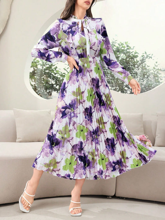 Random Floral Printed Long Sleeve Dress